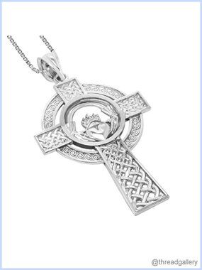Sterling Silver Irish Claddagh Celtic Cross Pendant Necklace 18" Box Chain